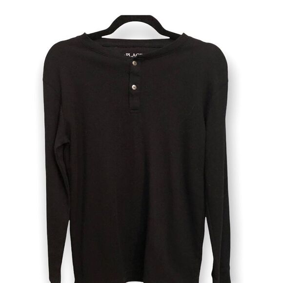 Black waffled Place Long sleeve shirt with two silver buttons at boat neck. - Picture 2 of 5